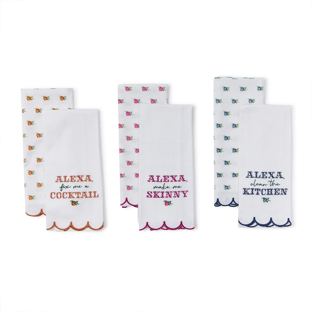 The Alexa Kitchen Dish Towel set includes four cotton towels with scalloped edges and playful embroidered phrases. Available in one size.