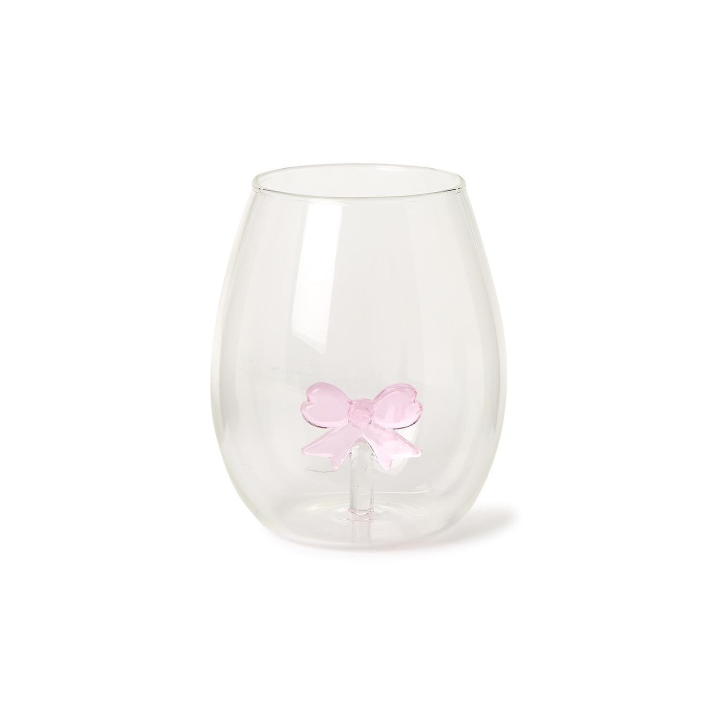 The Bow Stemless Wine Glass features a teardrop shape with a smooth surface and a unique double-walled design showcasing a pink bow. Sizes available: 12 oz.