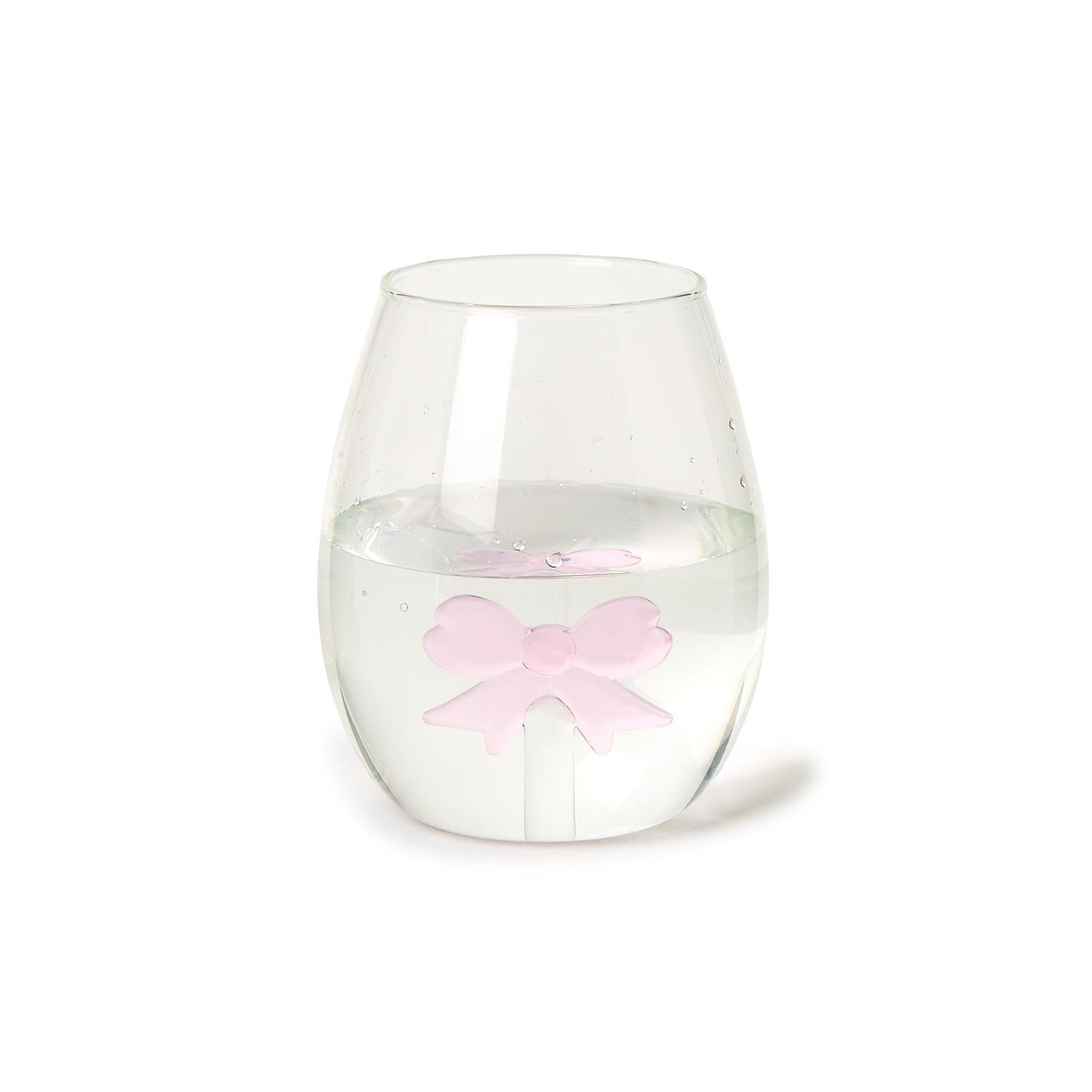 The Bow Stemless Wine Glass, highlighted by a pink bow-shaped ice cube, offers elegance and sophistication. Available sizes: 12 oz, 16 oz.