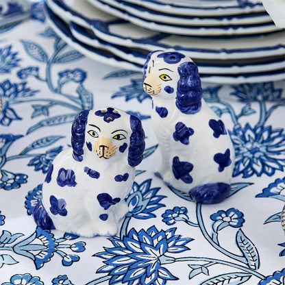 Blue and white Staffordshire Dog Salt and Pepper Shaker Set. Available in standard and mini sizes.