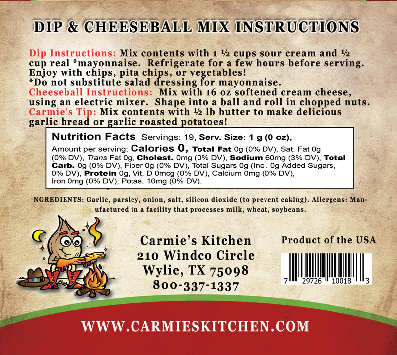 Back of Roasted Garlic Dip Mix package with instructions, nutrition, ingredients, contacts, barcode; available in 1.4 oz size.