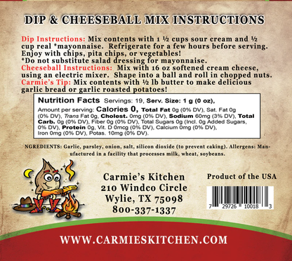 Back of Roasted Garlic Dip Mix package with instructions, nutrition, ingredients, contacts, barcode; available in 1.4 oz size.