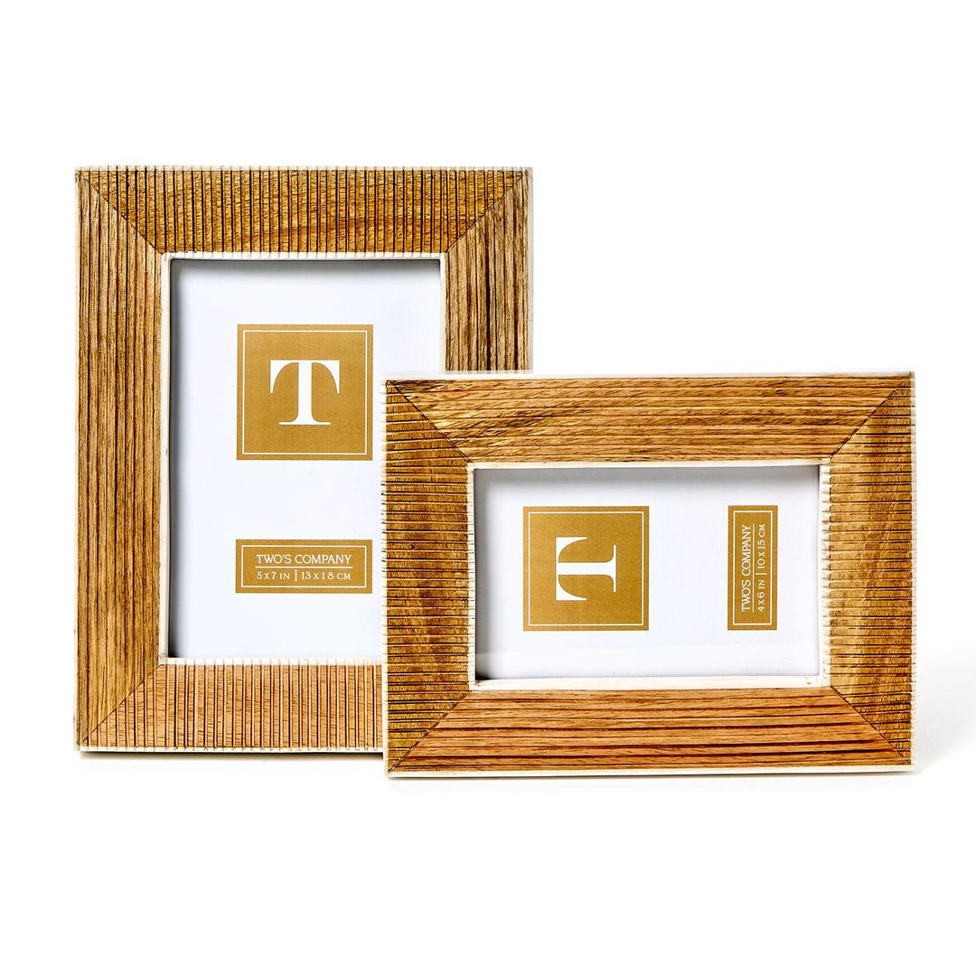 Natural wood finish frames with striated texture. Available in sizes for upright and horizontal display.