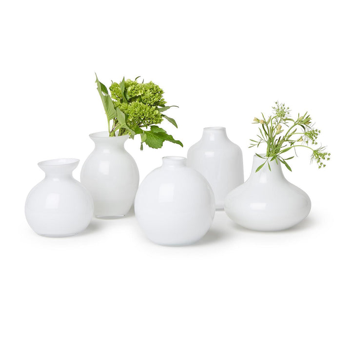 Set of five milk white glass vases in assorted shapes and sizes. Available in small, medium, and large.