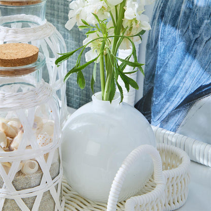 Milk white glass vase with white flowers. Available in small, medium, and large sizes.