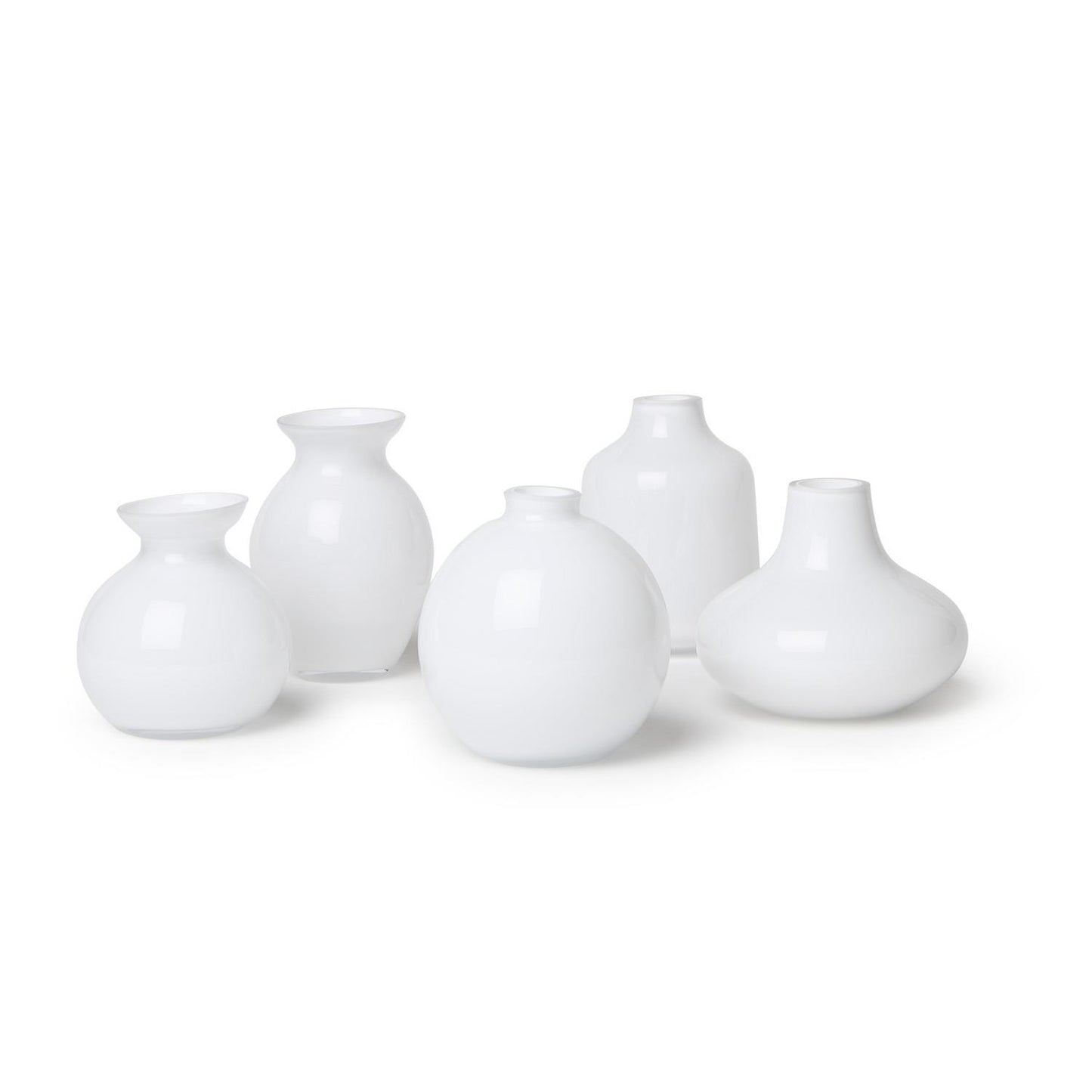 Five handcrafted Milk White Glass Vases, available in assorted shapes and sizes.