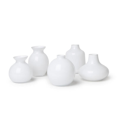 Five handcrafted Milk White Glass Vases, available in assorted shapes and sizes.