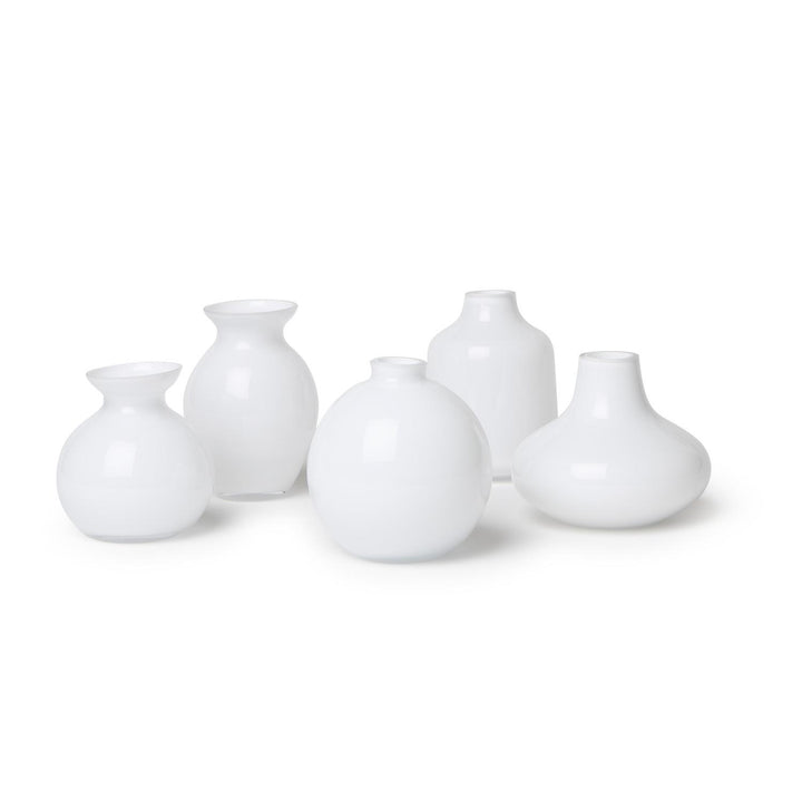 Five handcrafted Milk White Glass Vases, available in assorted shapes and sizes.