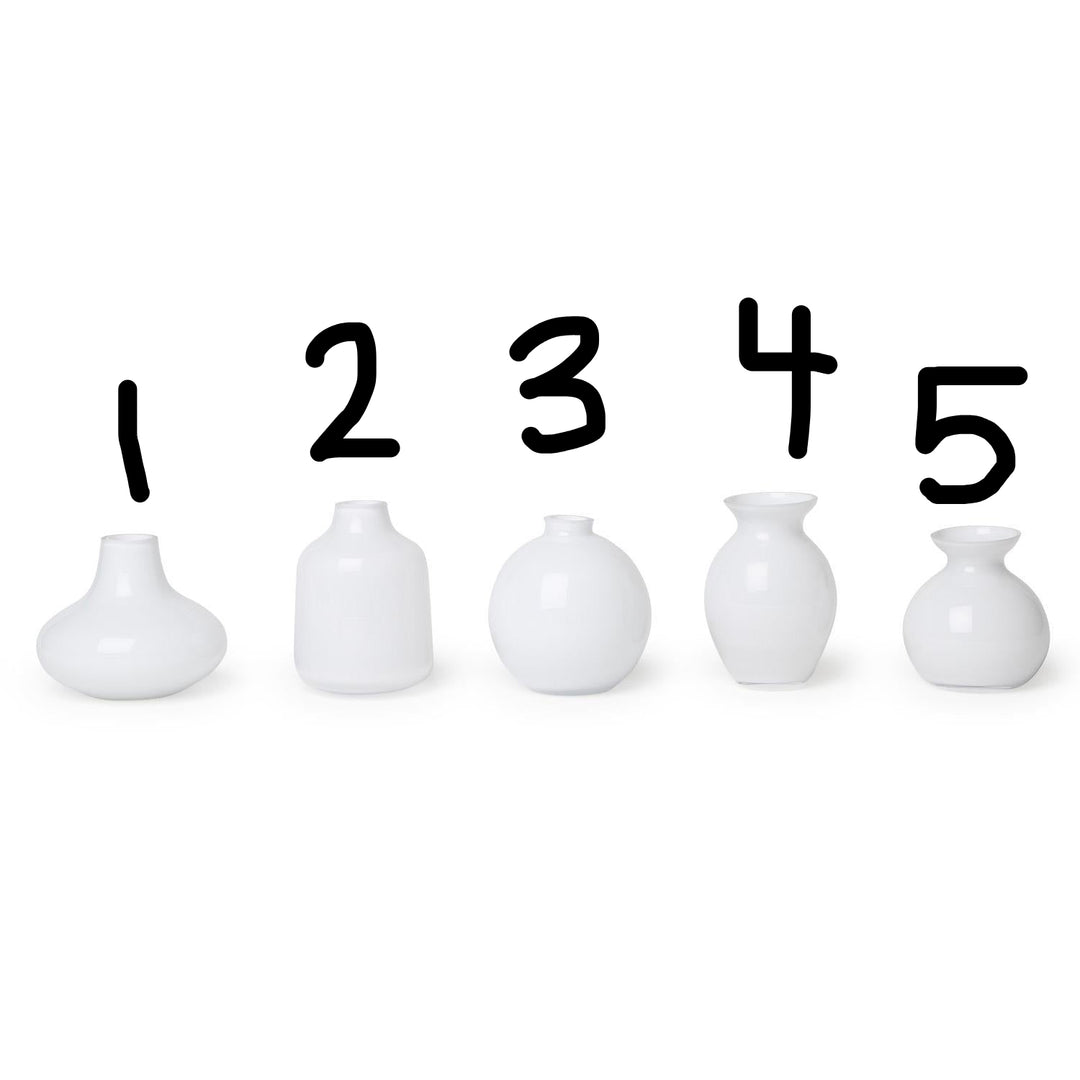 Set of five milk white glass vases in assorted shapes and heights, numbered 1–5. Sizes vary from small to tall.