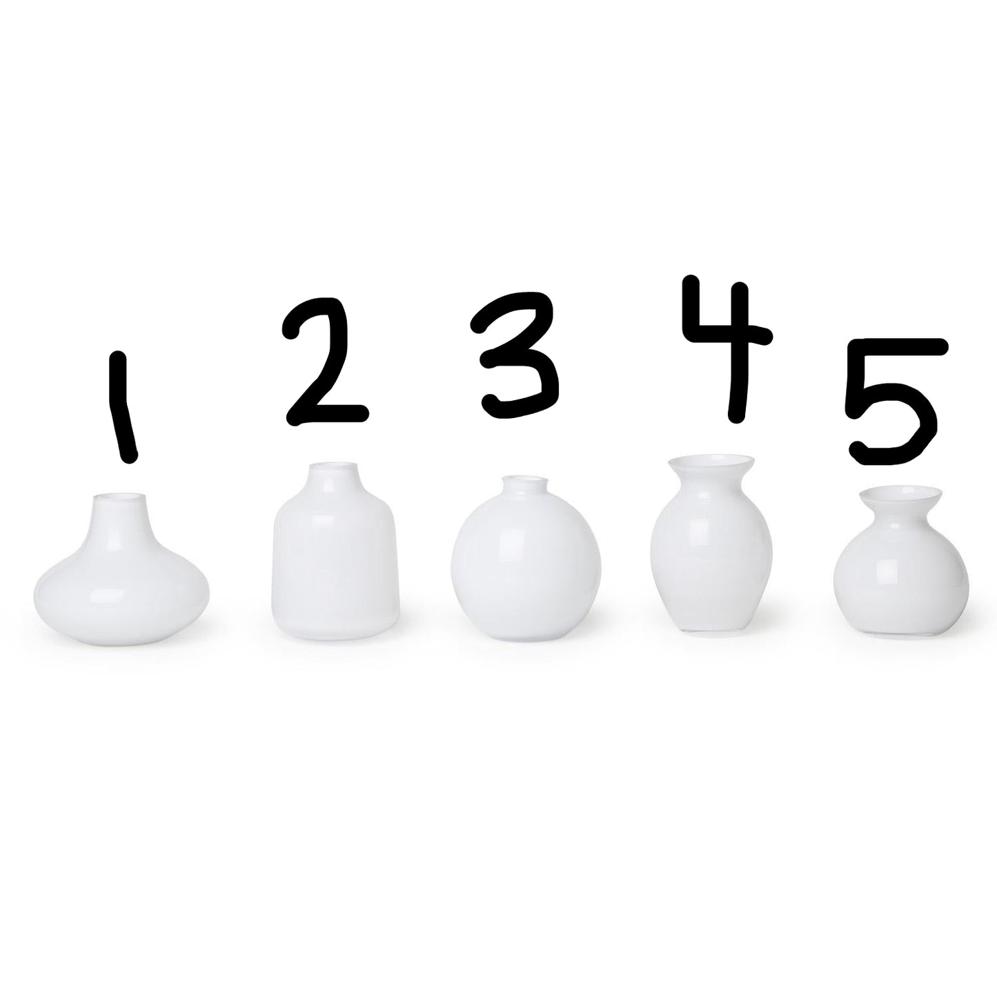 Set of five milk white glass vases in assorted shapes and heights, numbered 1–5. Sizes vary from small to tall.