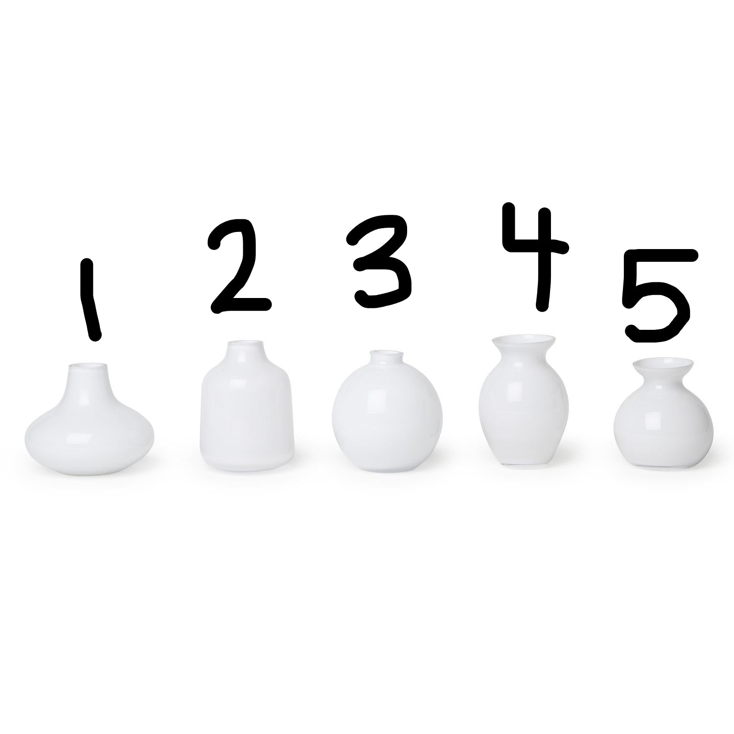 Set of five milk white glass vases in assorted shapes and heights, numbered 1–5. Sizes vary from small to tall.