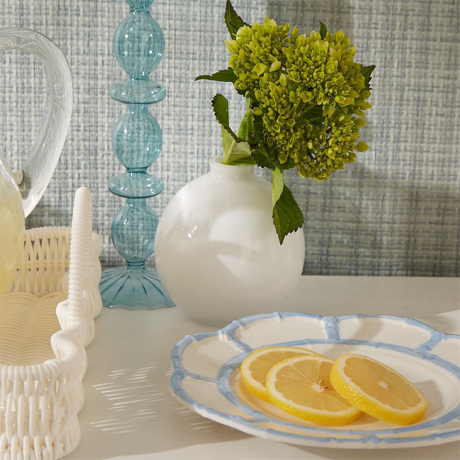 Milk White Glass Vase with green hydrangeas. Available in small, medium, and large sizes.