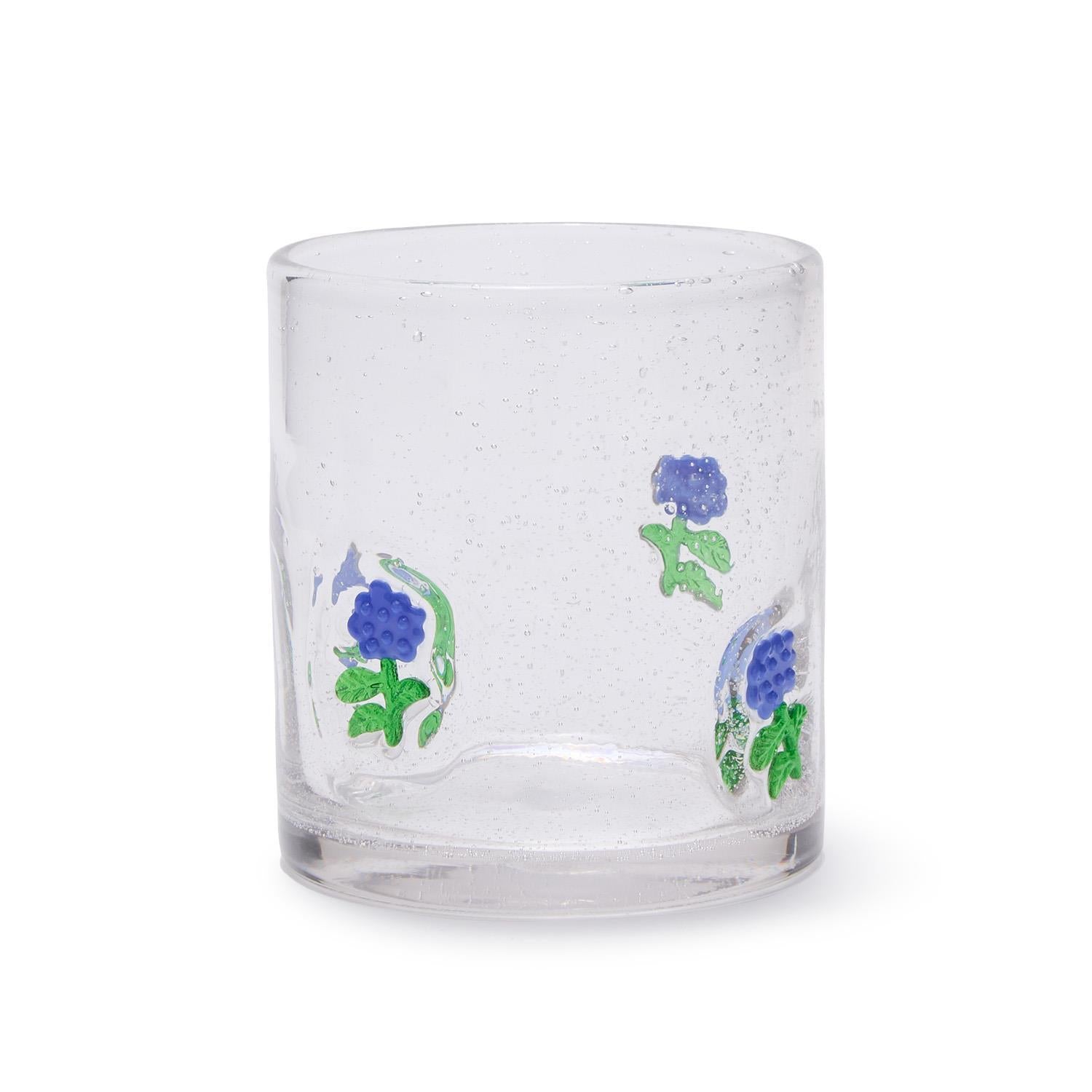 Clear double old fashion glass with blue hydrangea flowers, green leaves, bubble texture. Available in 12 oz size.