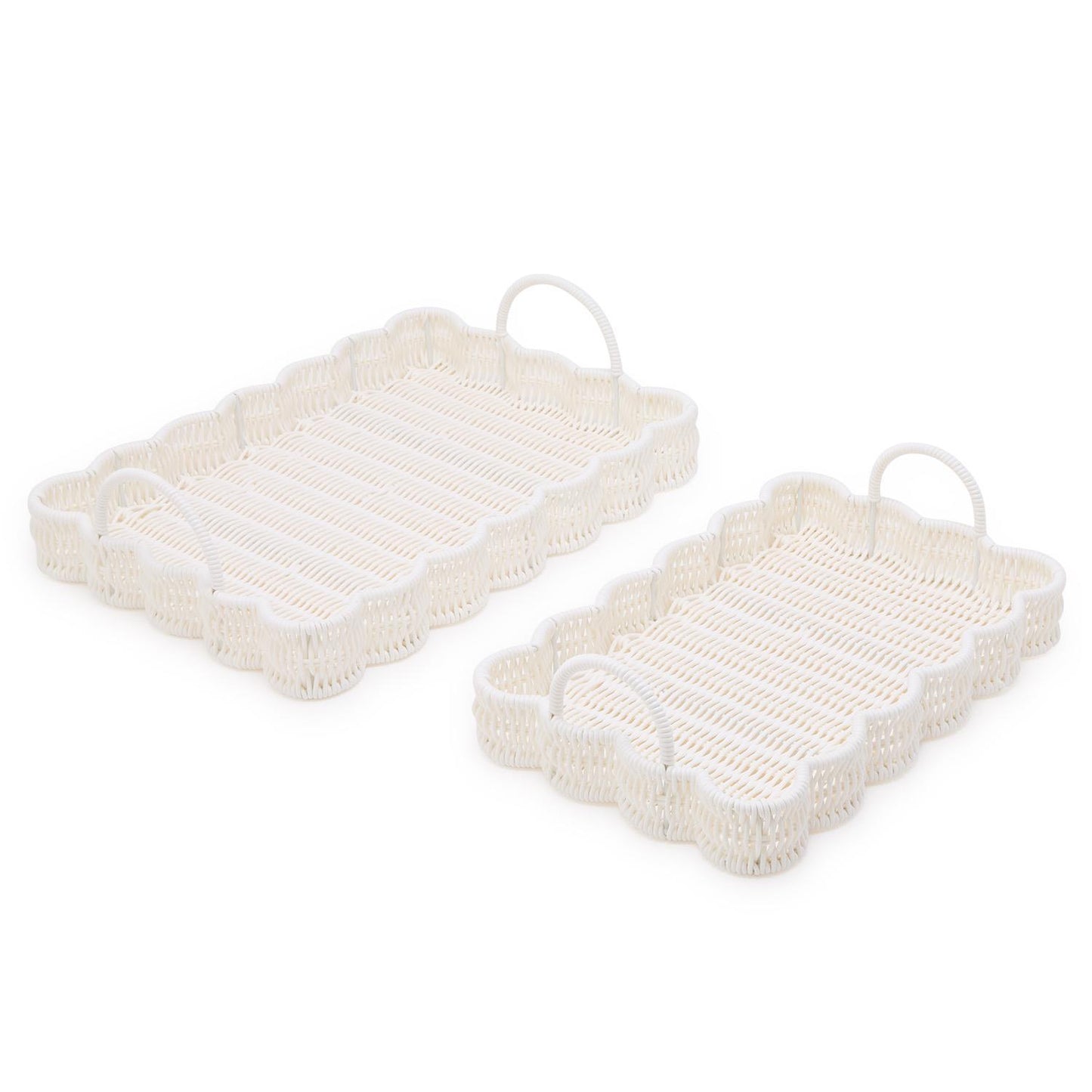 Set of two white all-weather wicker scalloped edge serving trays with handles; available in large and small sizes.