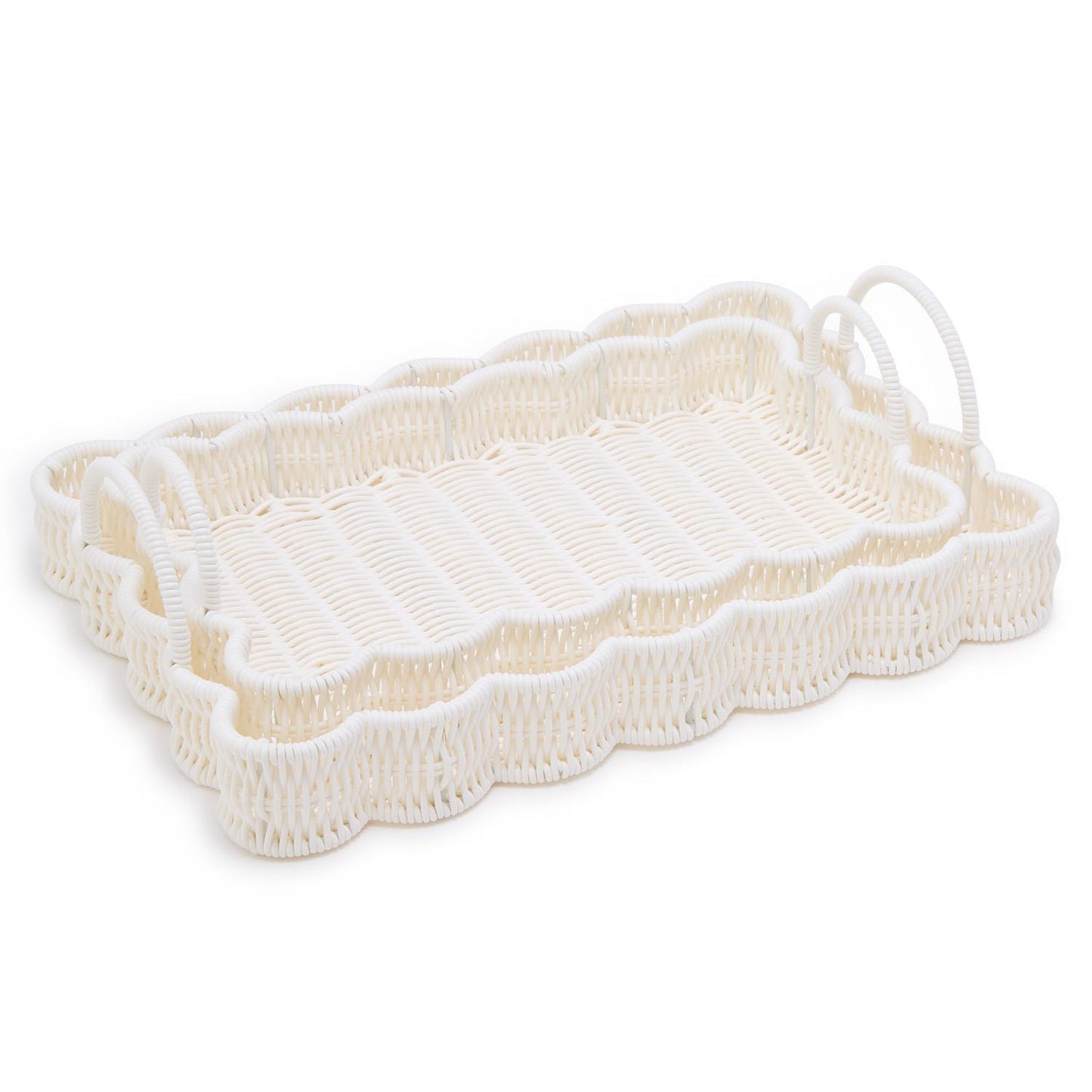 Rectangular white wicker tray with scalloped edge and side handles. Available in small and large sizes.