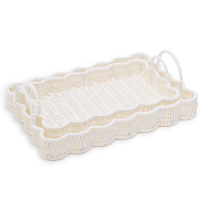 Rectangular white wicker tray with scalloped edge and side handles. Available in small and large sizes.
