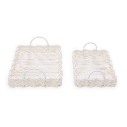 Two white all-weather wicker trays, scalloped edges, built-in handles; available in large and small rectangular sizes.