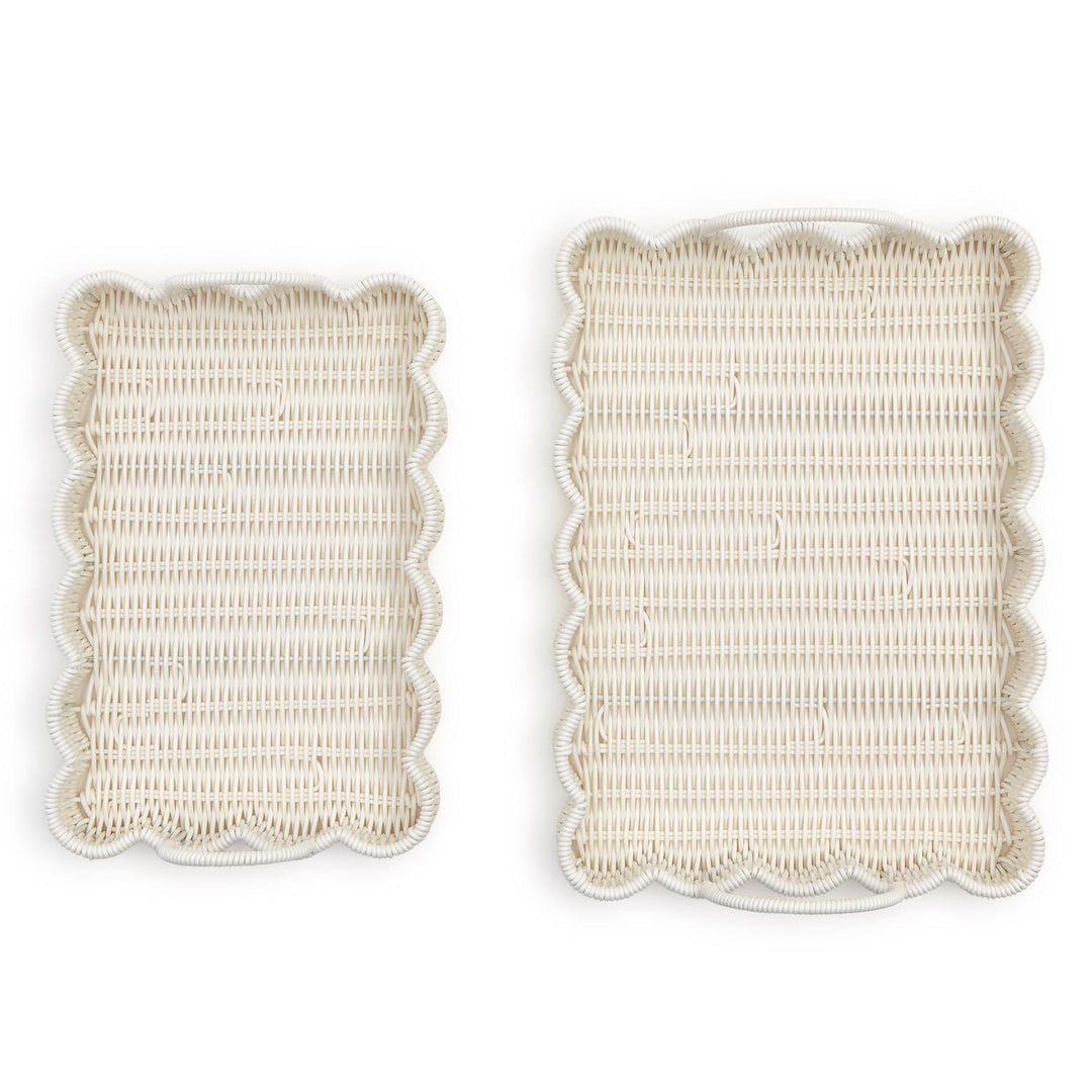 Two all-weather wicker scalloped edge serving trays with handles, light natural finish, available in small and large sizes.