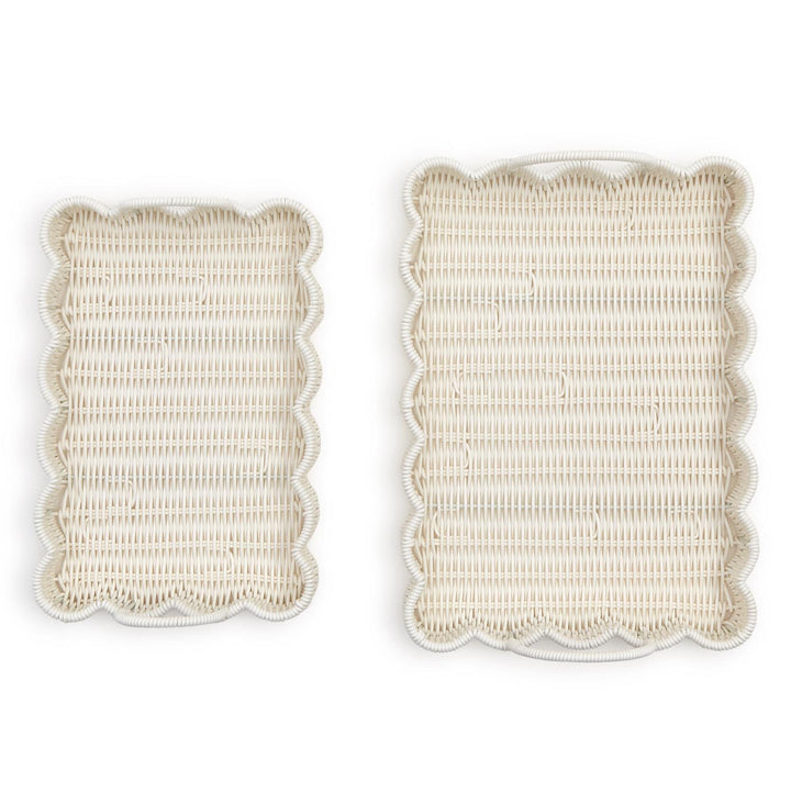 Two all-weather wicker scalloped edge serving trays with handles, light natural finish, available in small and large sizes.