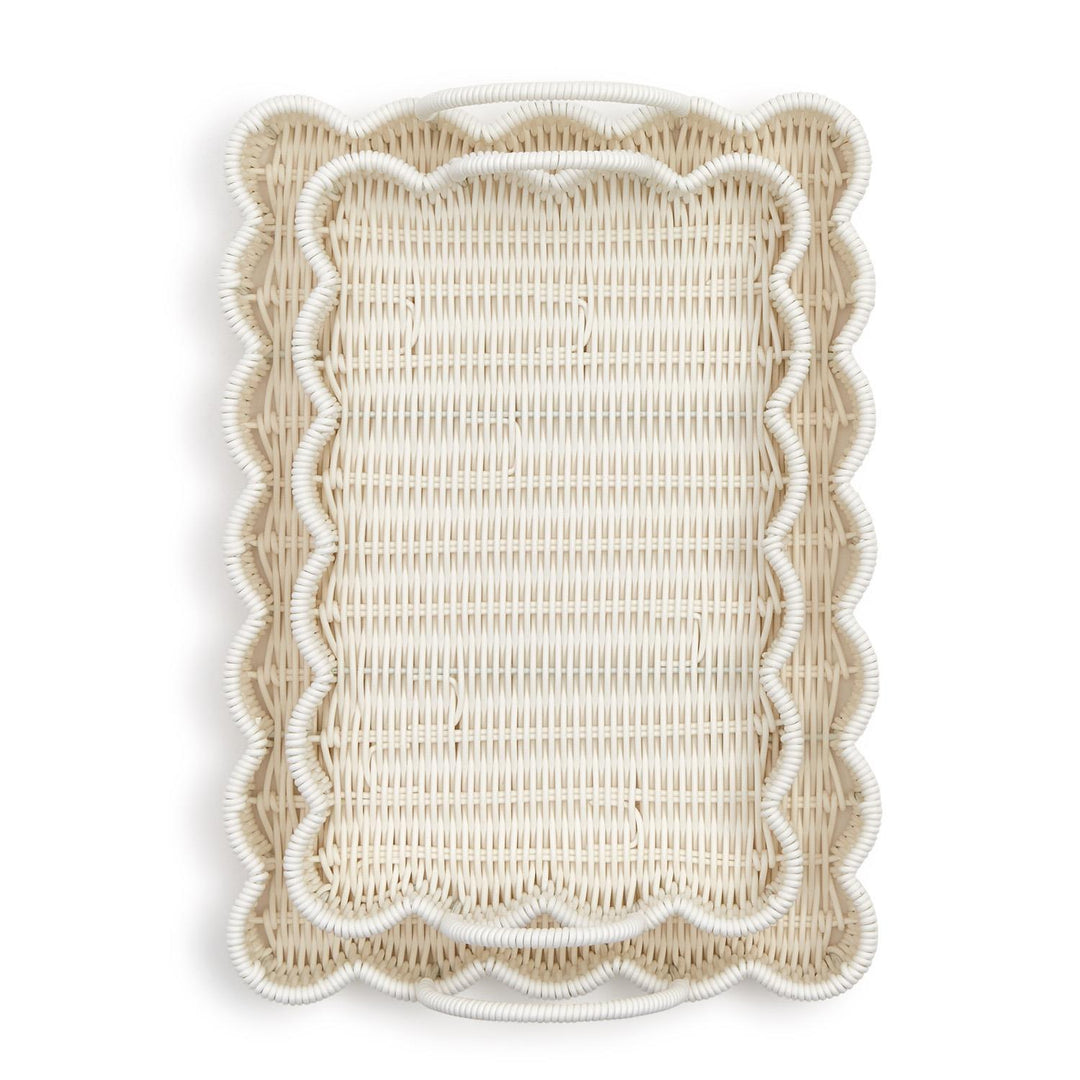 All-Weather Wicker Scalloped Edge Serving Tray with handles, natural beige, white rim; available in small and large sizes.
