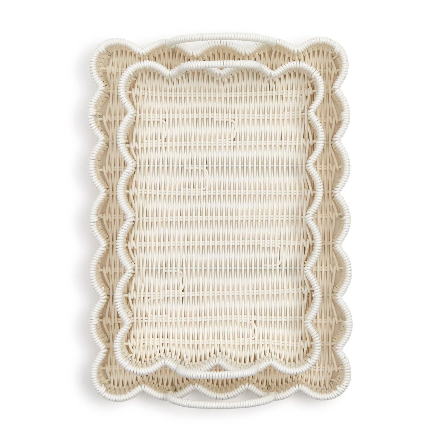 All-Weather Wicker Scalloped Edge Serving Tray with handles, natural beige, white rim; available in small and large sizes.