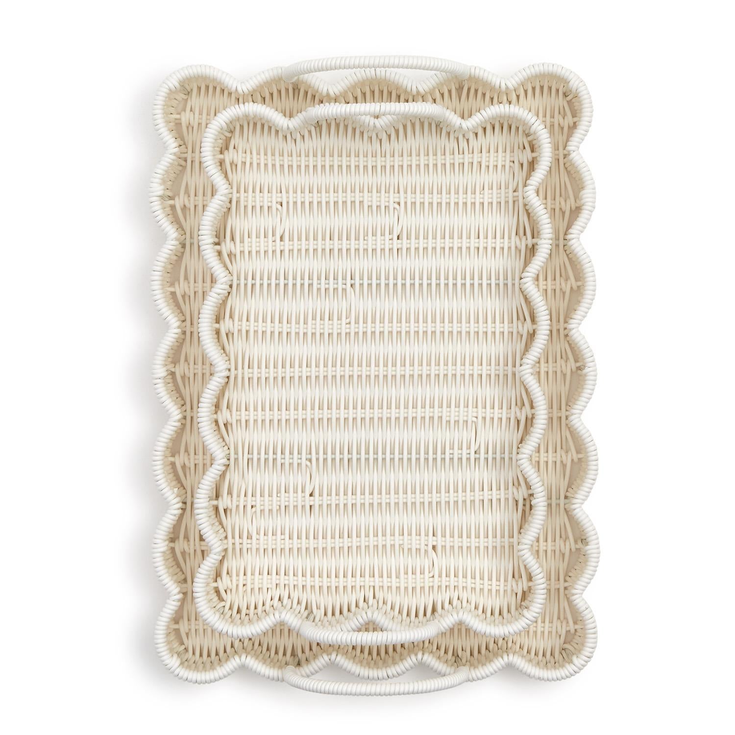 All-Weather Wicker Scalloped Edge Serving Tray with handles, natural beige, white rim; available in small and large sizes.