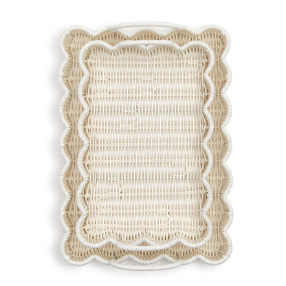 All-Weather Wicker Scalloped Edge Serving Tray with handles, natural beige, white rim; available in small and large sizes.