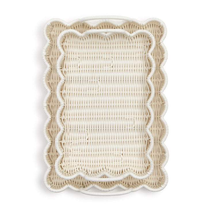 All-Weather Wicker Scalloped Edge Serving Tray with handles, natural beige, white rim; available in small and large sizes.
