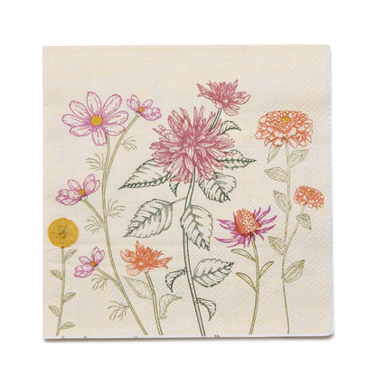 Cream-colored 3-ply cocktail napkin with pink, orange, and yellow wildflower illustrations; available in standard size.