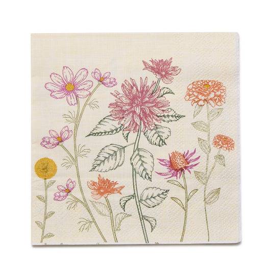 Cream-colored 3-ply cocktail napkin with pink, orange, and yellow wildflower illustrations; available in standard size.