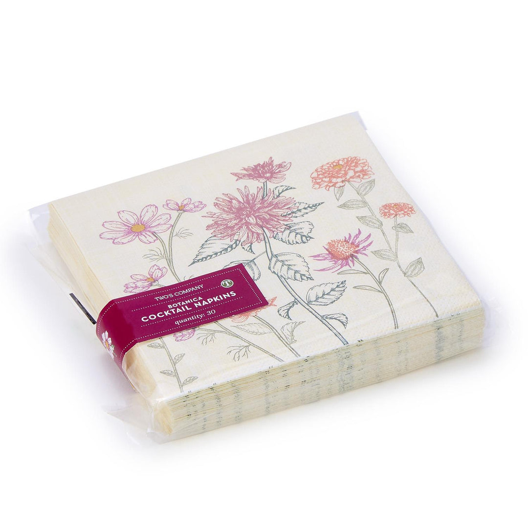 Botanica 3-Ply Cocktail Napkins: pink-green floral on white, maroon label, sizes: cocktail.