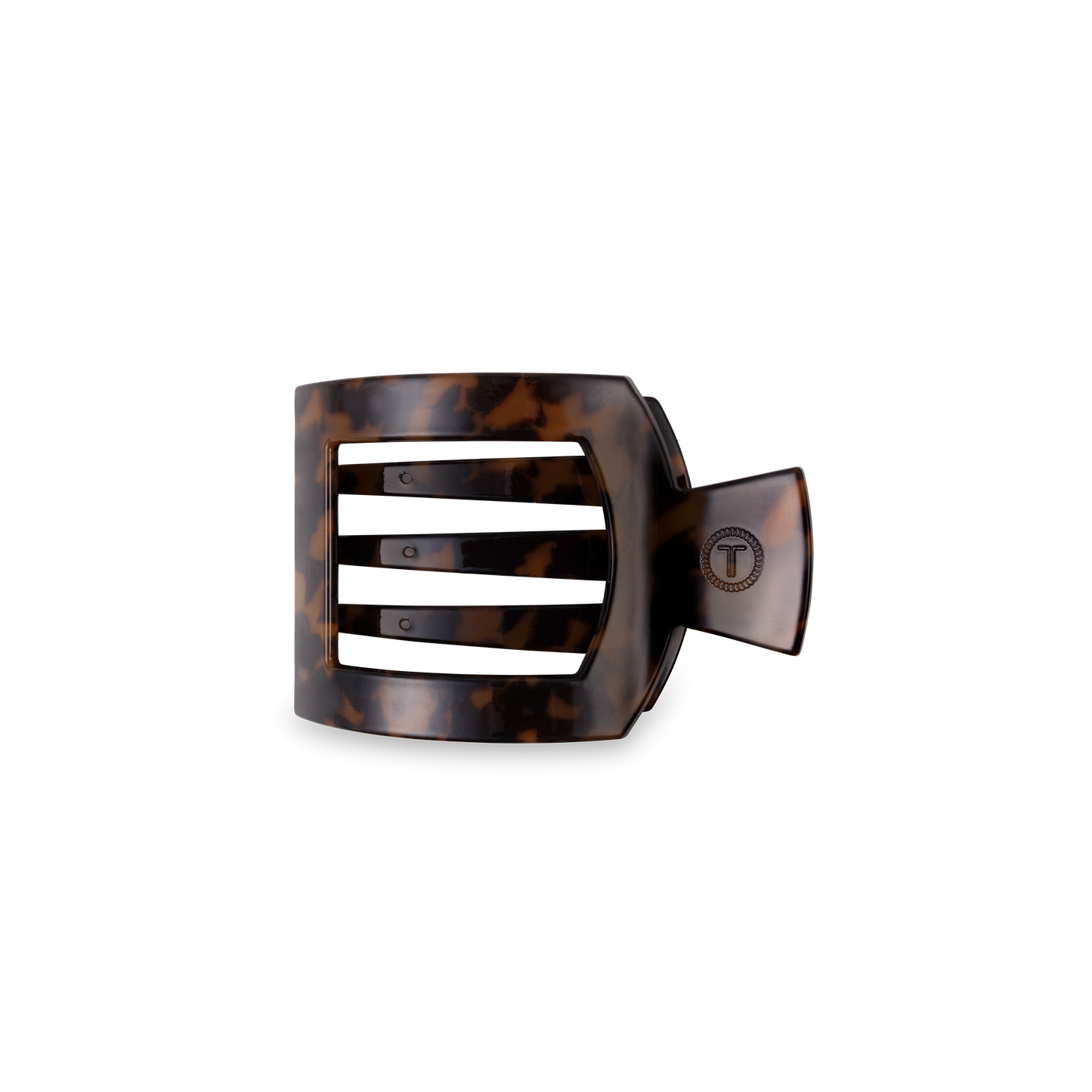Brown and black tortoiseshell TELETIES Square Flat Hair Clip, rectangular with four wide prongs, small logo. Sizes: small, medium, large.