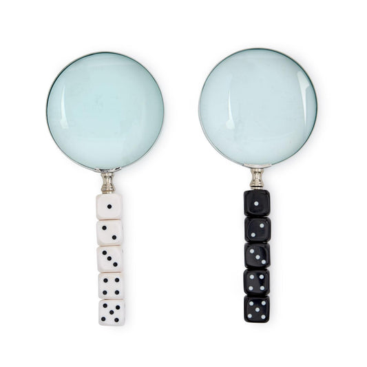 Set includes two magnifiers with dice-shaped handles, one white and one black. Available in small and large sizes.