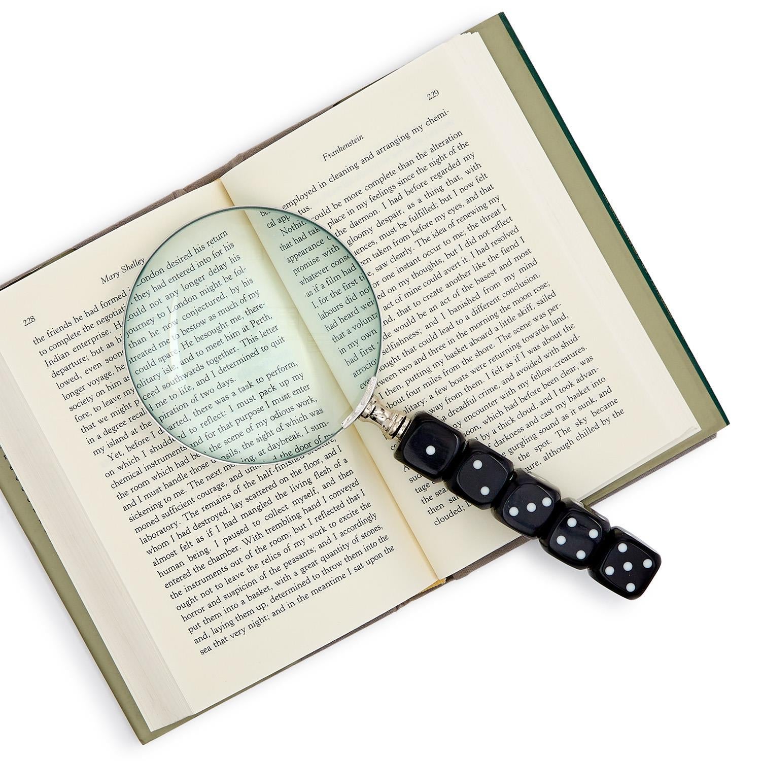 Roll The Dice Magnifier with five black dice handle and large lens; available in small (5"), medium (7"), and large (9") sizes.