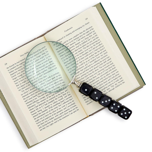 Roll The Dice Magnifier with five black dice handle and large lens; available in small (5"), medium (7"), and large (9") sizes.