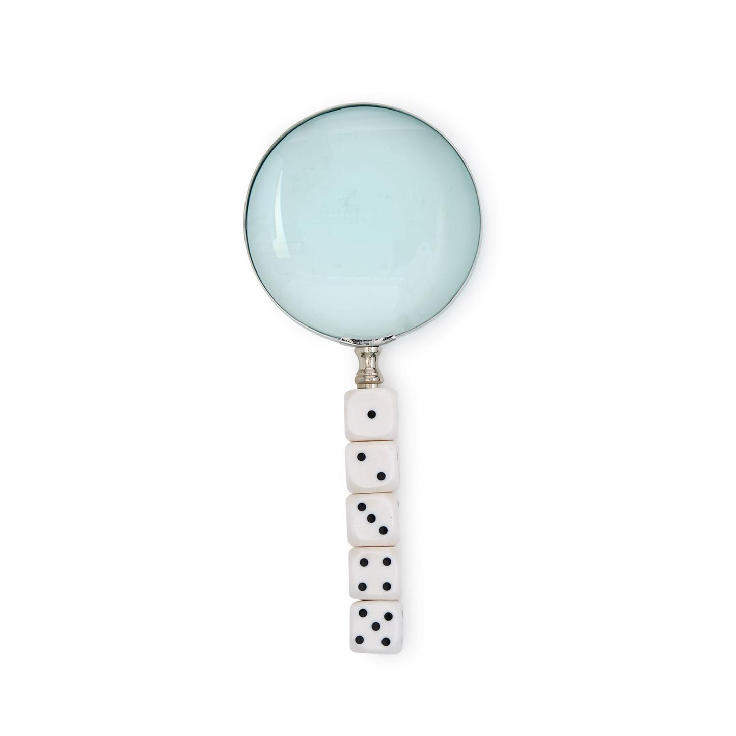 Roll The Dice Magnifier: handle of five stacked white dice with various numbers. Available in small and large sizes.
