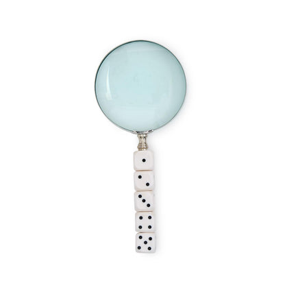 Roll The Dice Magnifier: handle of five stacked white dice with various numbers. Available in small and large sizes.