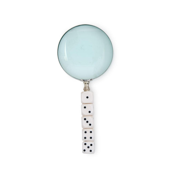 Roll The Dice Magnifier: handle of five stacked white dice with various numbers. Available in small and large sizes.