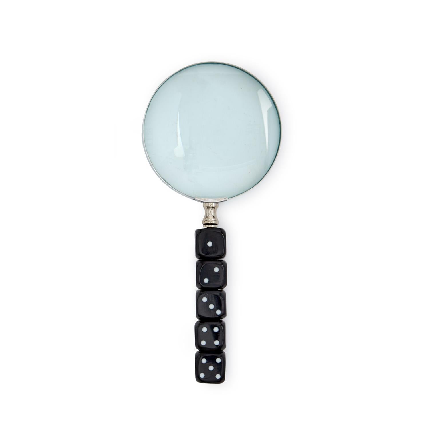 Roll The Dice Magnifier with handle of five stacked black dice, each with white dots. Available in standard desk size.
