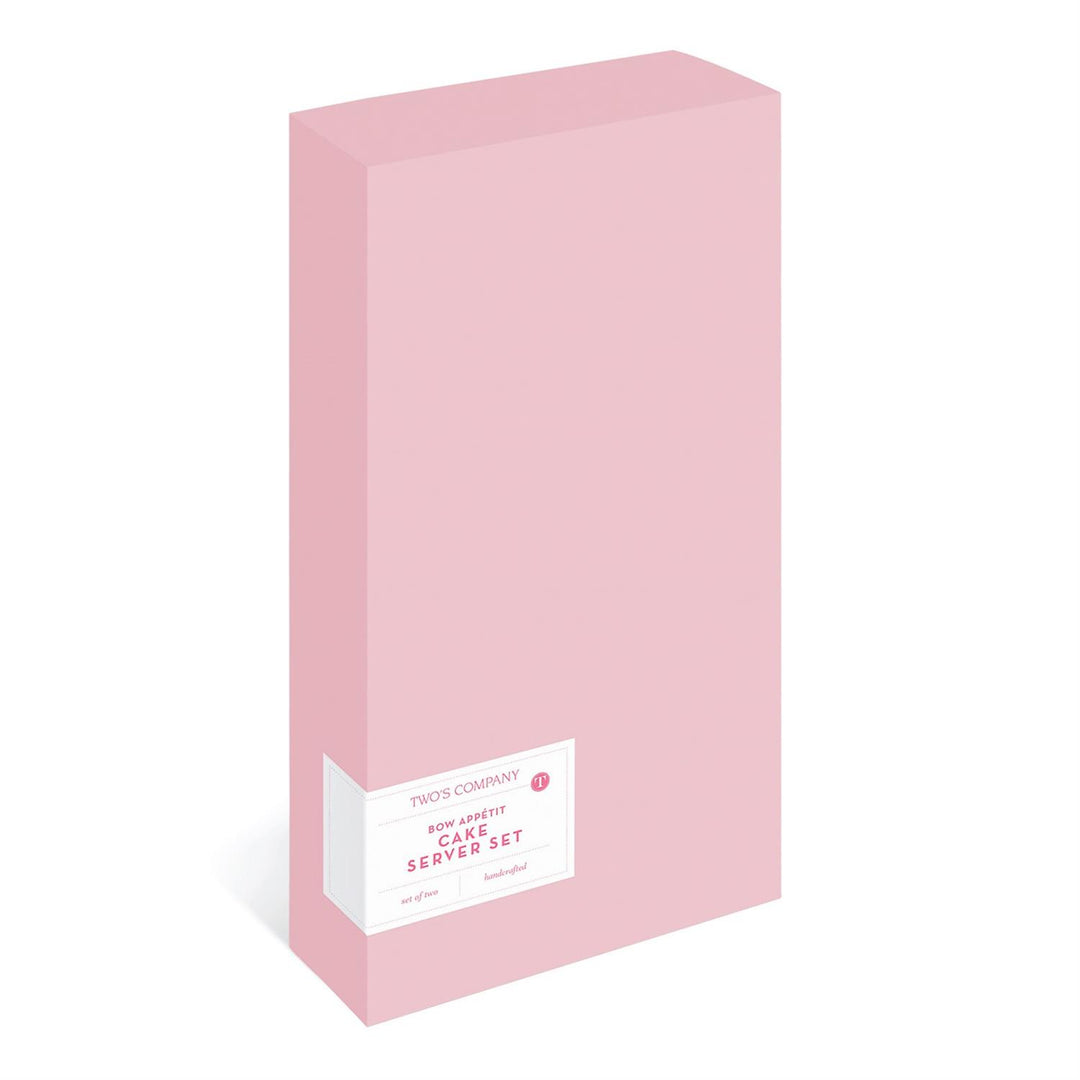 Light pink box labeled "CAKE SERVER SET" holds Bow Appétit Cake Server Set: knife and server. Sizes available: standard.