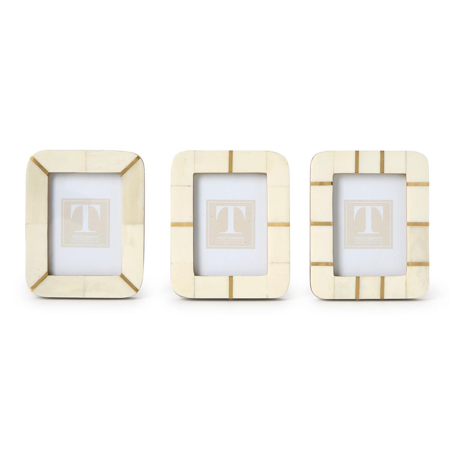 Three 3x4 mini photo frames, cream with gold accents and geometric lines, in a simple bone-and-brass modern design.