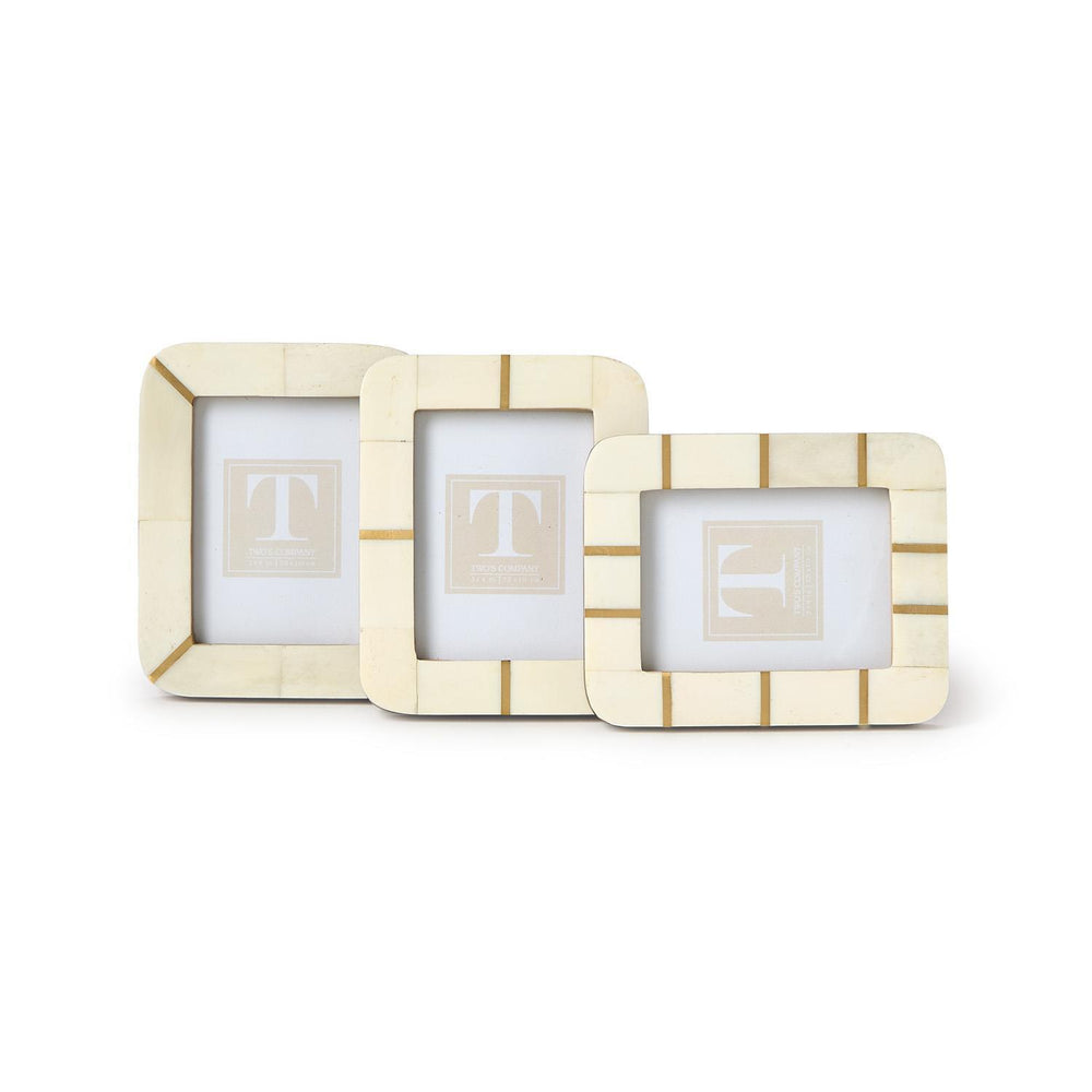 Three Geometric Cut 3x4 Mini Photo Frames with gold accents, each frame displaying a centered “T.” Size: 3x4 inches.