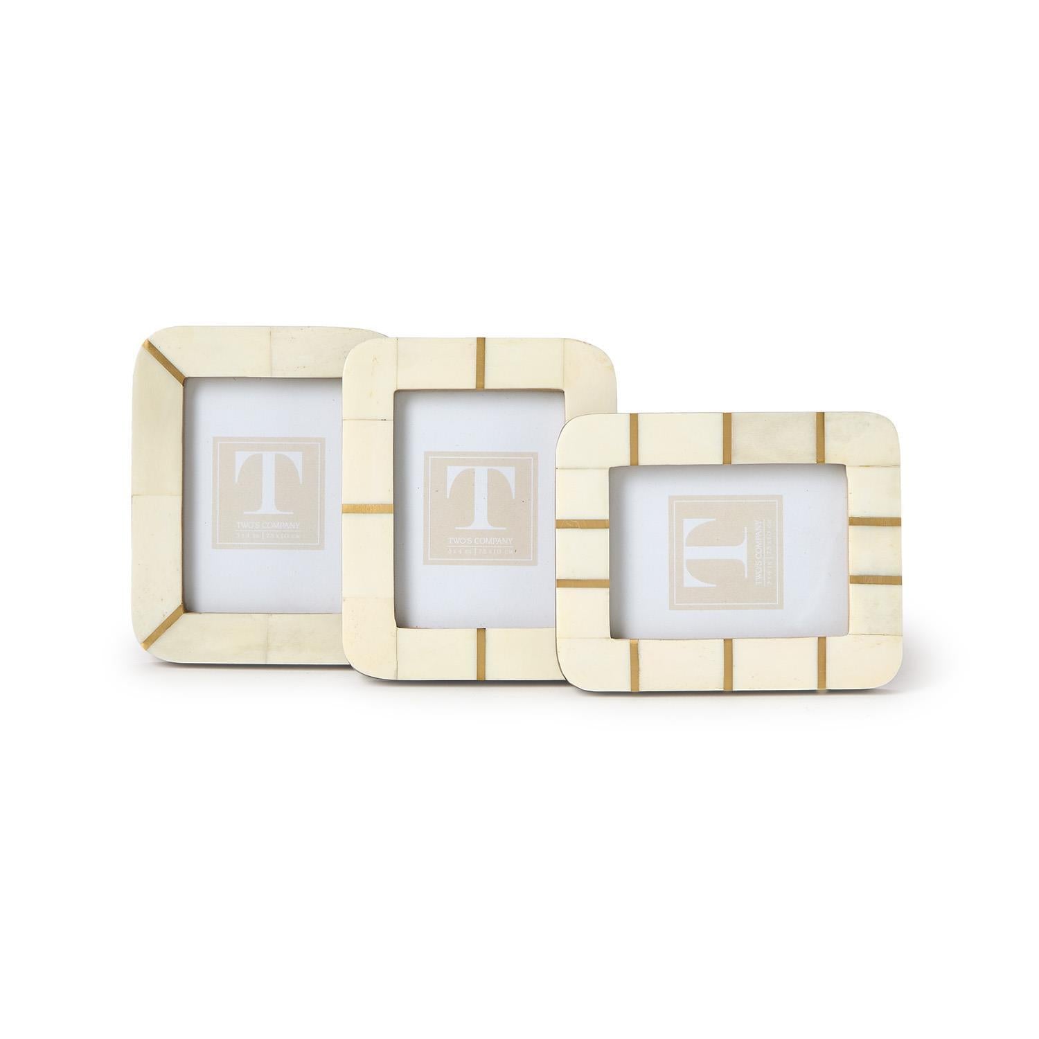 Three Geometric Cut 3x4 Mini Photo Frames with gold accents, each frame displaying a centered “T.” Size: 3x4 inches.