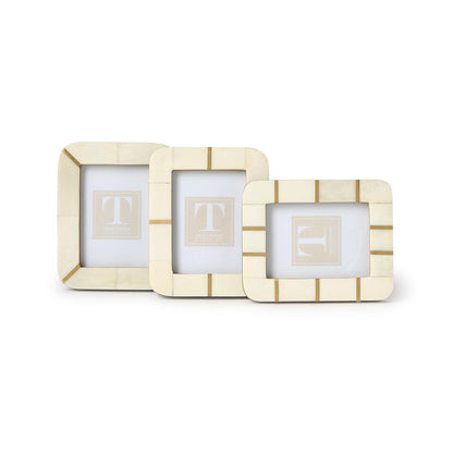 Three Geometric Cut 3x4 Mini Photo Frames with gold accents, each frame displaying a centered “T.” Size: 3x4 inches.