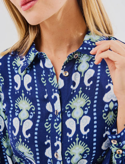 Ava Ikat Stripe Dress, collared, blue/green/white abstract pattern. Available in sizes XS-XL.