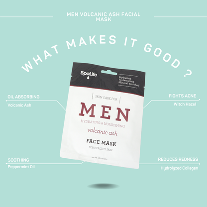 Men's Volcanic Ash Hydrating Facial Mask packet with oil-absorbing, soothing, acne-fighting, and hydrating benefits. Sizes: 20ml, 30ml.