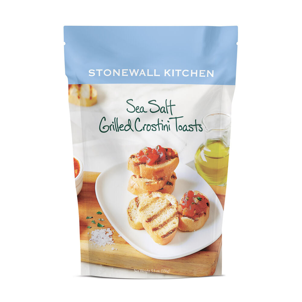 A pouch of Sea Salt Grilled Crostini Toasts, crisp artisanal bread. Available in 7 oz and 12 oz sizes.