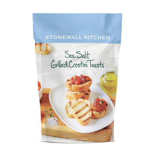 A pouch of Sea Salt Grilled Crostini Toasts, crisp artisanal bread. Available in 7 oz and 12 oz sizes.