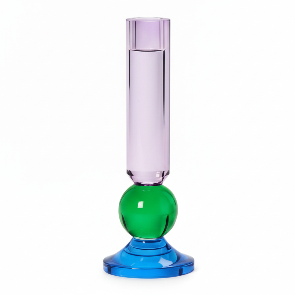 Tall glass candlestick holder with purple top, green middle, blue base. Modern design. Available in 8" and 12" sizes.