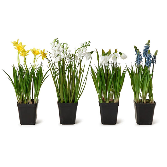 Set of four small black pots with realistic yellow daffodils, white snowdrops, lilies of the valley, and blue hyacinths. Sizes vary.